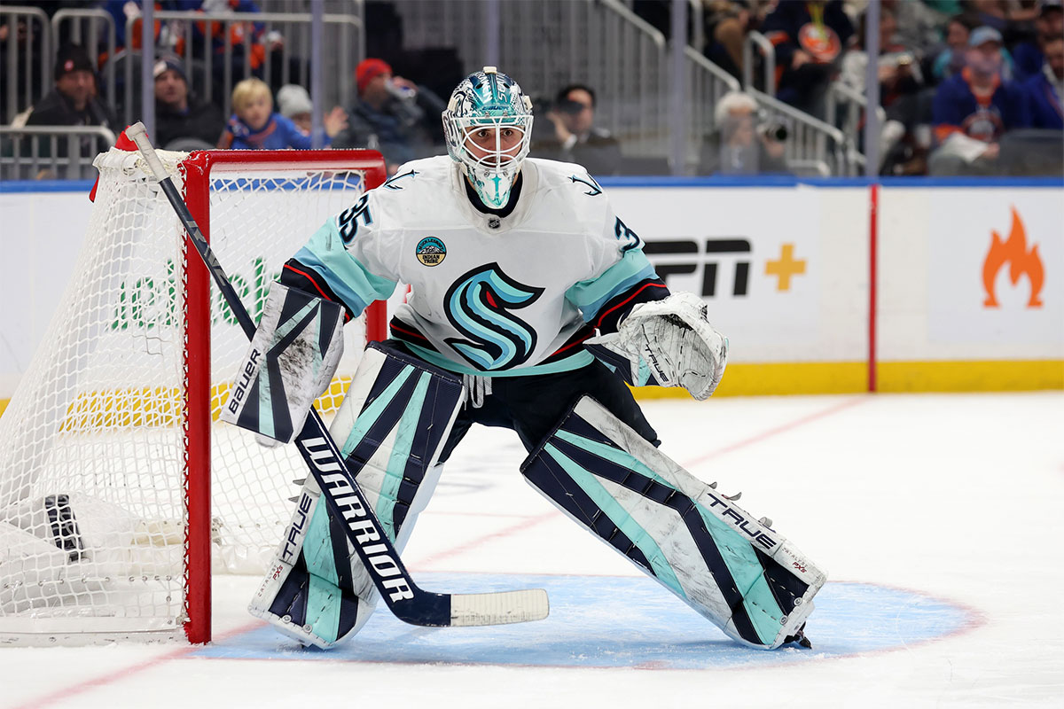 Seattle Kraken goaltender Joey Daccord (35) tends net against the New York Islanders during the second period at UBS Arena.