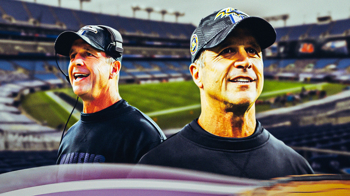 Baltimore Ravens head coach John Harbaugh in front of M&T Bank Stadium.