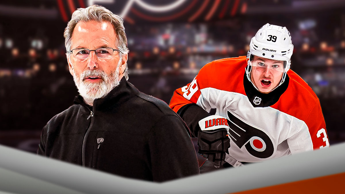 Flyers coach John Tortorella on the left, Matvei Michkov on the right