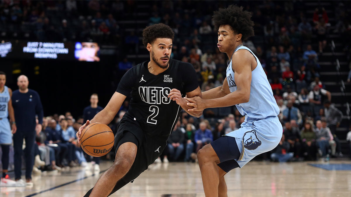 Brooklyn Nets forward Cameron Johnson (2) drives to the basket as Memphis Grizzlies forward Jaylen Wells (0) defends during the second quarter at FedExForum.
