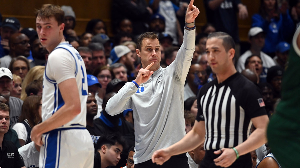 Duke Blue Devils head coach Jon Scheyer reacts during the first half against the George Mason Patriots at Cameron Indoor Stadium.