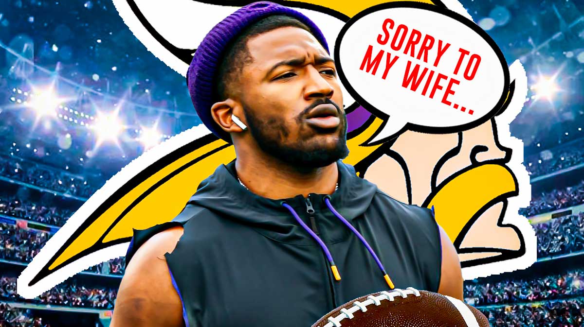 Minnesota Vikings linebacker Jonathan Greenard with a speech bubble that says "Sorry to my wife..." There is also a logo for the Minnesota Vikings.