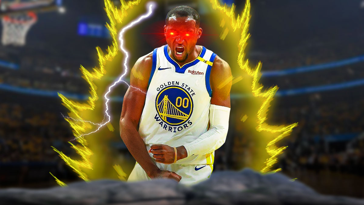 Golden State Warriors forward Jonathan Kuminga with Super Saiyan glow and woke eyes