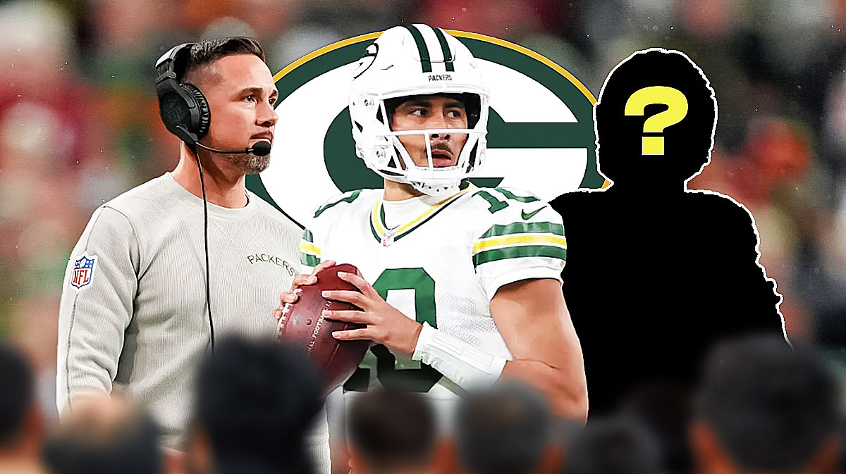 Green Bay Packers QB Jordan Love with head coach Matt LaFleur and a silhouette of an American football player with a big question mark emoji inside. There is also a logo for the Green Bay Packers.
