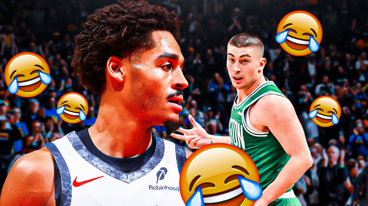Wizards guard Jordan Poole looking disappointed, with Celtics guard Payton Pritchard celebrating, and laughing emojis around Poole