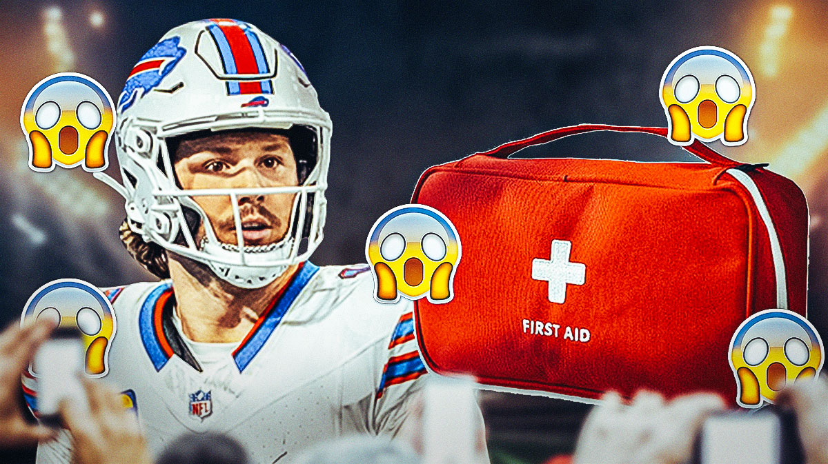 Josh Allen with an injury kit in front of him and a bunch of shocked emojis in the background