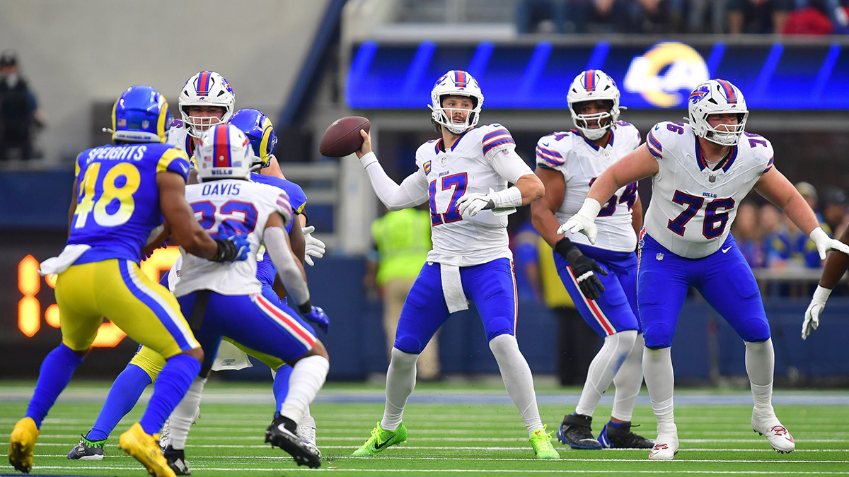 Buffalo Bills quarterback Josh Allen (17) throws against the Los Angeles Rams during the first half at SoFi Stadium. 