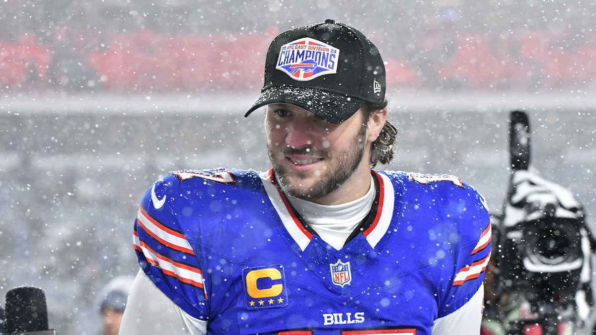 Buffalo Bills quarterback Josh Allen (17) is interviewed after winning a game against the San Francisco 49ers to clinch the AFC East title at Highmark Stadium.