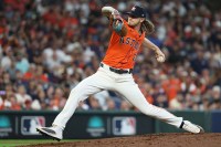 Houston Astros pitcher Josh Hader (71) throws against the Detroit Tigers during the eighth inning of game two of the Wildcard round for the 2024 MLB Playoffs at Minute Maid Park.