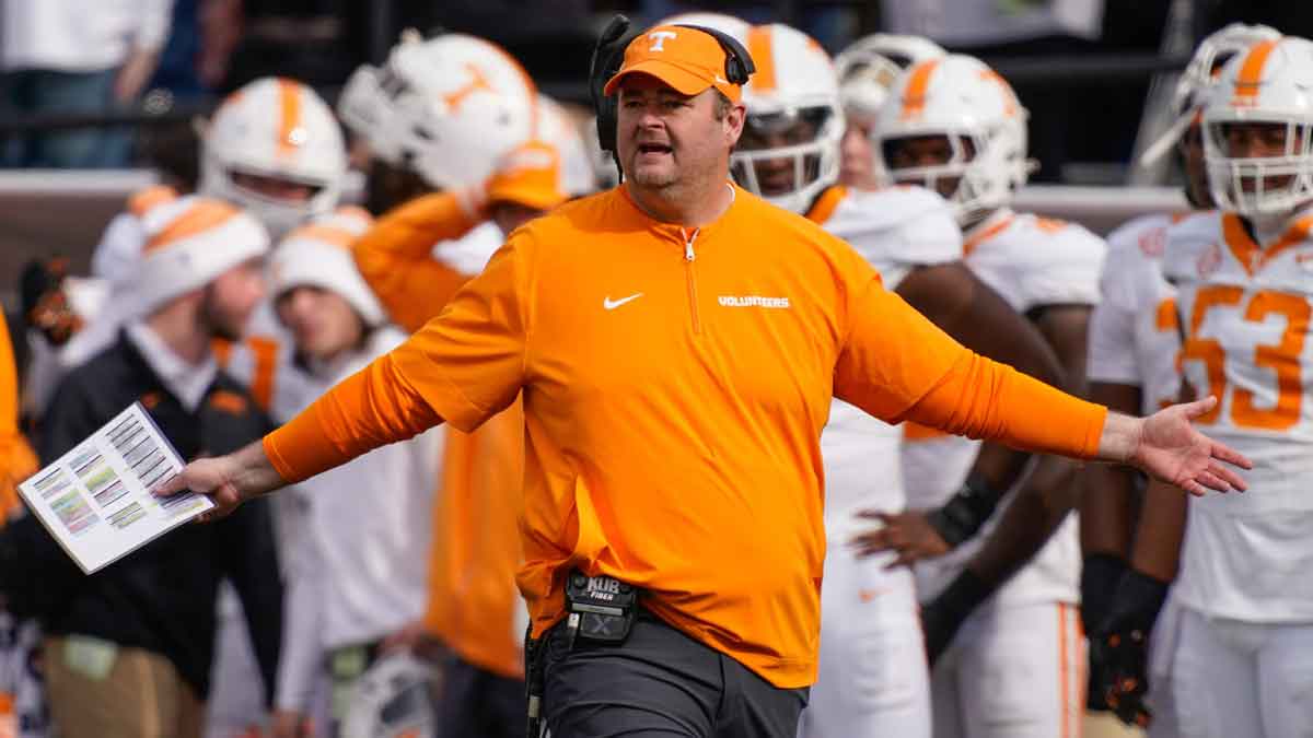 Tennessee head coach Josh Heupel disputes a call during the second quarter at FirstBank Stadium in Nashville, Tenn., Saturday, Nov. 30, 2024.
