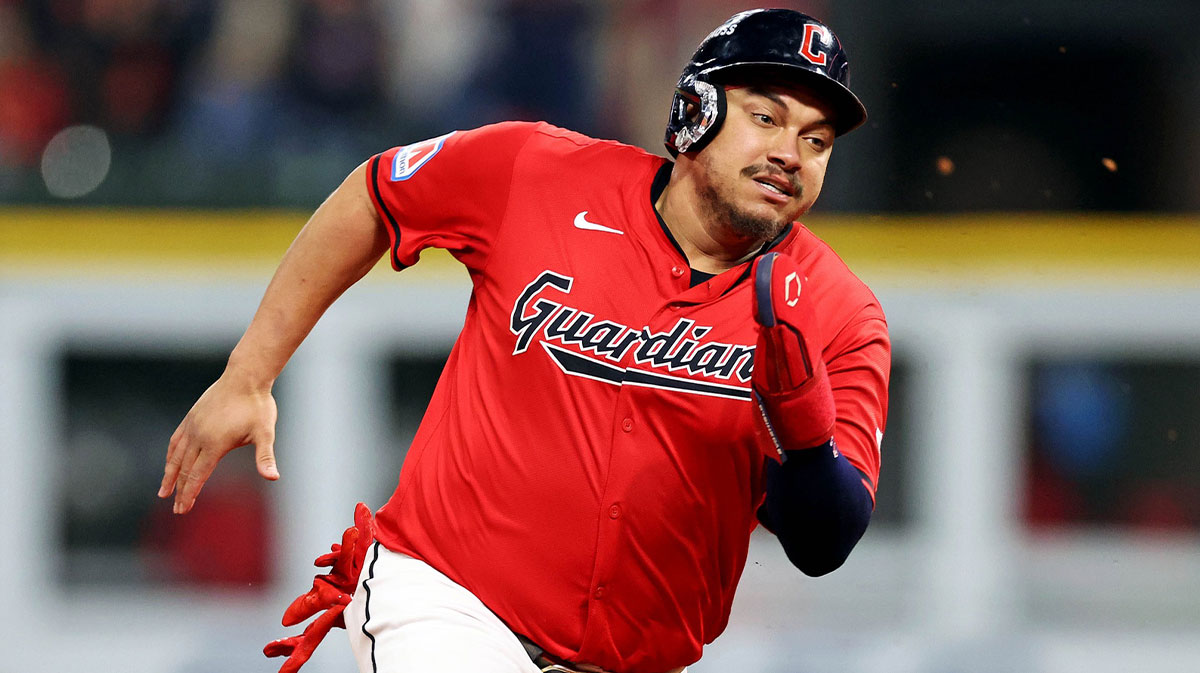 Cleveland Guardians first base Josh Naylor (22) runs to third base on the way to score a run during the second inning against the New York Yankees during game five of the ALCS for the 2024 MLB playoffs at Progressive Field.