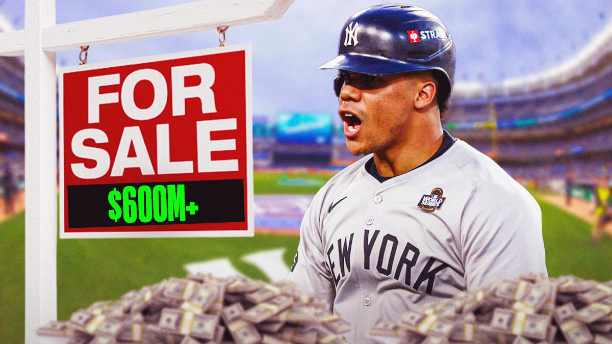 Yankees' Juan Soto next to a big pile of money with a FOR SALE sign that reads $600M+ in bold green text