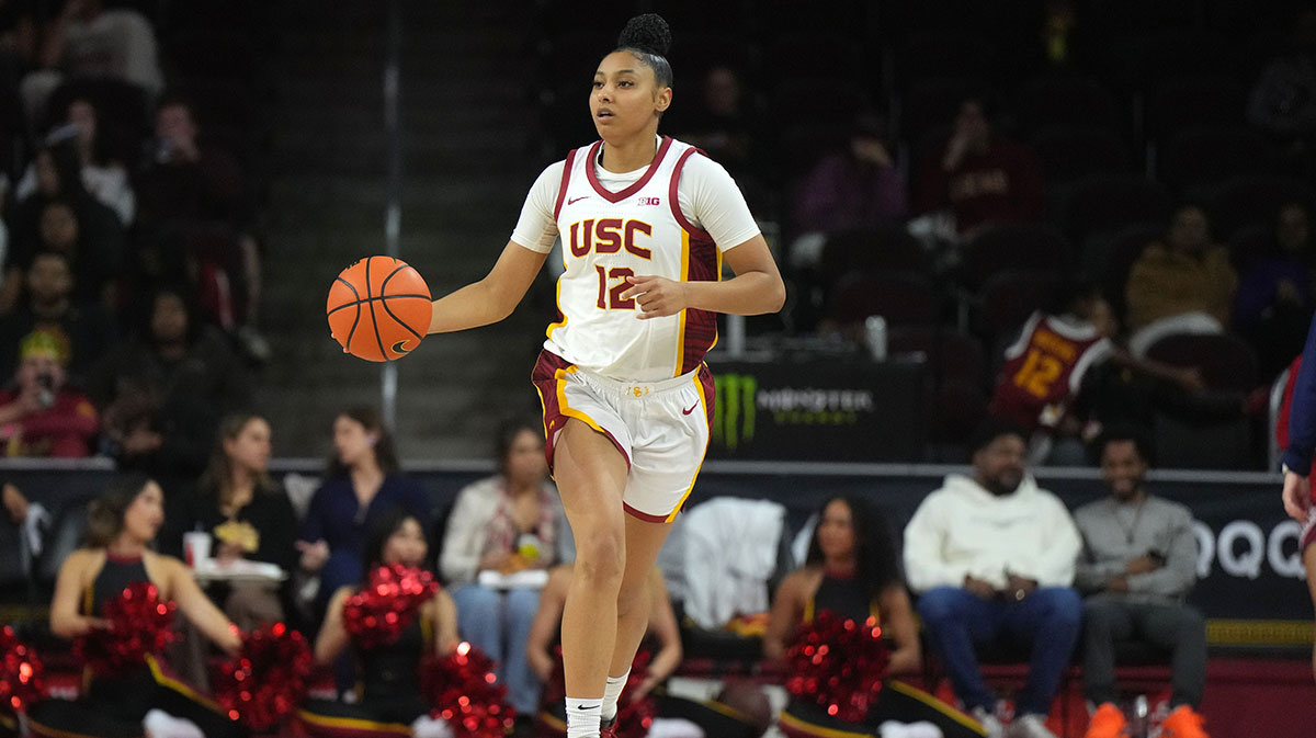 Southern California Trojans guard JuJu Watkins (12) dribbles the ball against the Fresno State Bulldogs in the second half at Galen Center. USC defeated Fresno State 89-40.