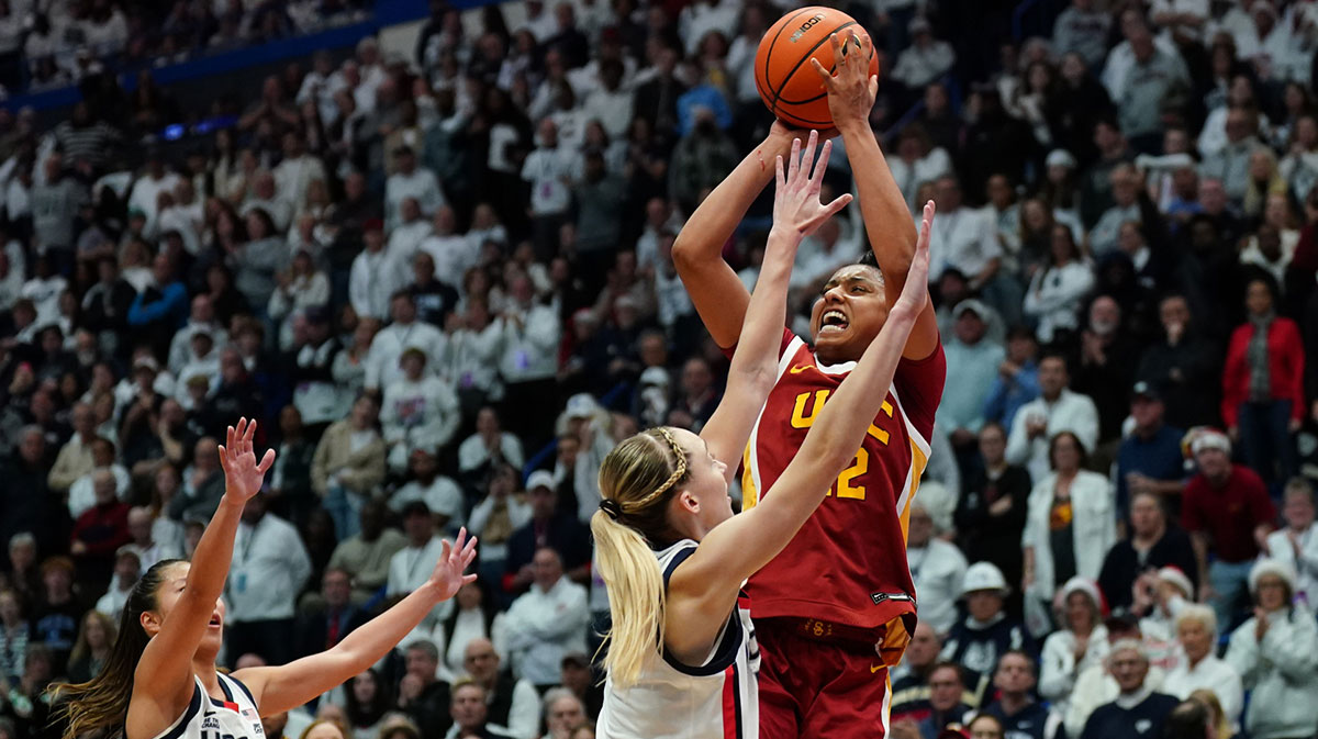 USC Trojans guard JuJu Watkins (12) shoots against UConn Huskies guard Paige Bueckers (5) in the second half at XL Center.