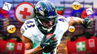 Ravens RB Justice Hill with multiple 🤕 and 📉 emojis in background with red medical cross and med kit in foreground. Background is M&T Bank Stadium.
