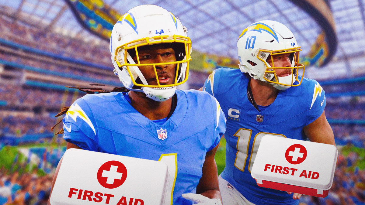 Justin Herbert and Quentin Johnston in Los Angeles Chargers uniforms with red and white first aid symbols around them as both are dealing with injury, two of many chargers injuries ahead of the broncos matchup.