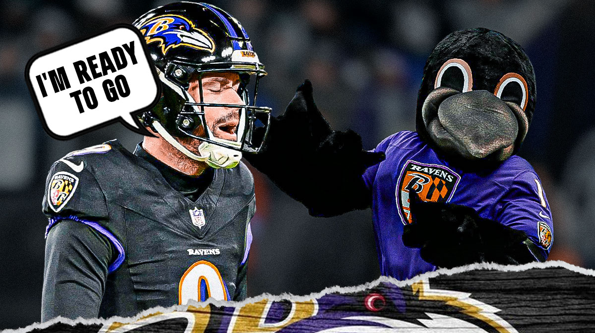 Justin Tucker with a text bubble reading "I'm ready to go" next to the Ravens mascot with the Ravens stadium as the background.