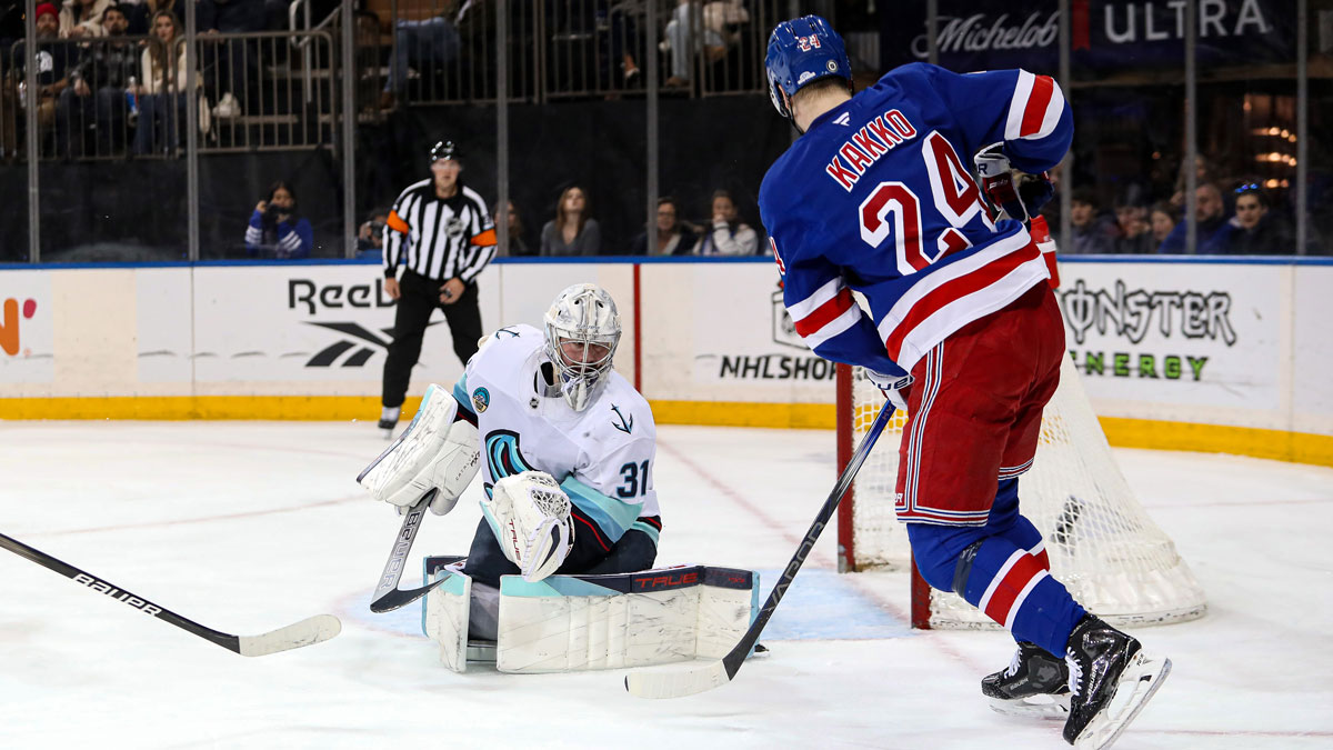 Seattle Kraken goalie Philipp Grubauer (31) makes a save on New York Rangers right wing Kaapo Kakko (24) during the second period at Madison Square Garden.