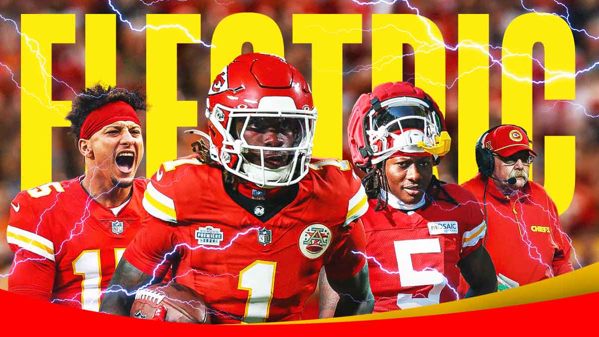 Patrick Mahomes, Xavier Worthy, Marquise Brown, coach Andy Reid all beside each other and Lightning in the background.