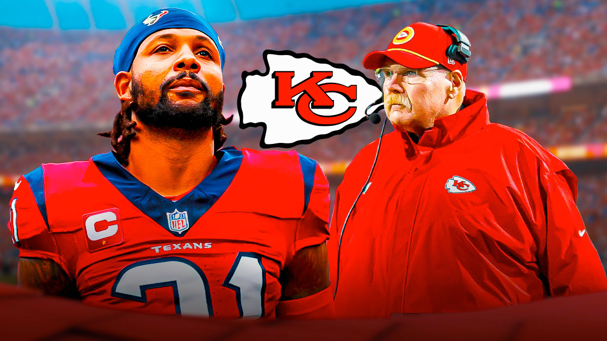 Steven Nelson in a Houston Texans uniform with Kansas City Chiefs coach Andy Reid and a Chiefs logo behind them as Nelson could sign with the Chiefs to help the defense for the playoffs.