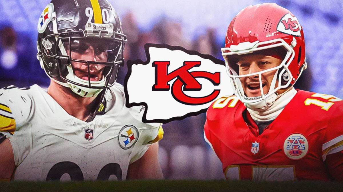 Image of Steelers TJ Watt looking upset next to image of Chiefs Patrick Mahomes looking happy. Chiefs logo in background