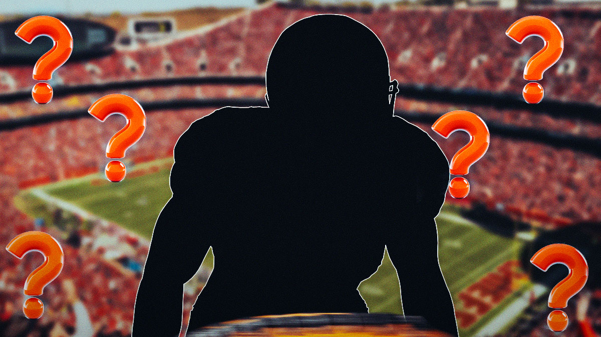 Silhouetted Chiefs kicker surrounded by question marks.