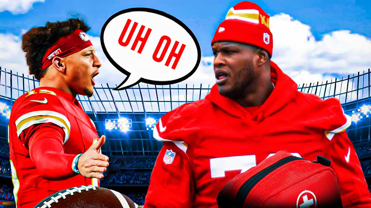 D.J. Humphries on one side with an injury kit in front of him, Patrick Mahomes on the other side with a speech bubble that says "Uh oh"