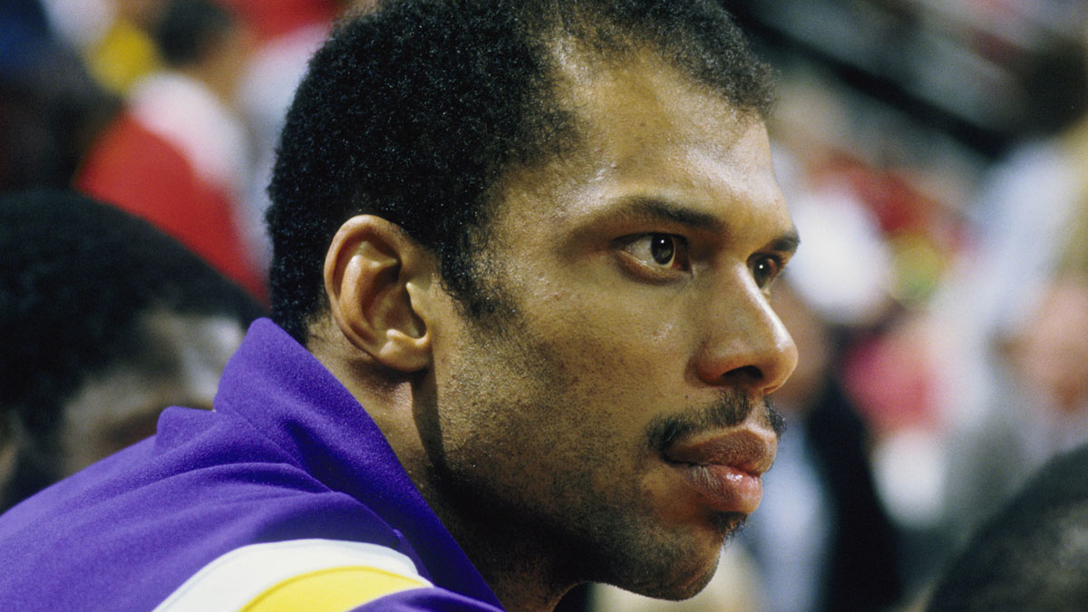 Los Angeles Lakers center Kareem Abdul-Jabbar (33) on the bench against the Utah Jazz at the Salt Palace.