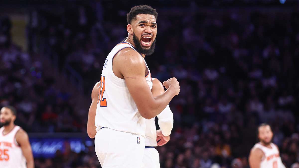 New York Knicks center Karl-Anthony Towns (32) argues with an official in the third quarter against the San Antonio Spurs at Madison Square Garden.