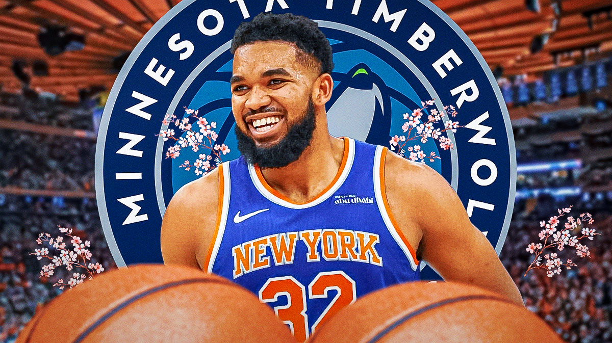 Knicks' Karl-Anthony Towns smiling, with flowers being thrown all over him, with Timberwolves logo beside him
