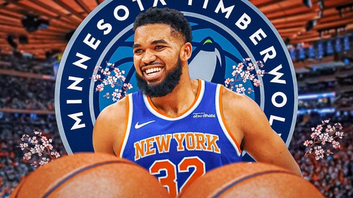 Knicks' Karl-Anthony Towns smiling, with flowers being thrown all over him, with Timberwolves logo beside him