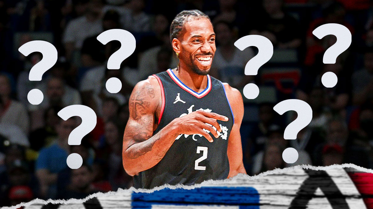 Kawhi Leonard in a Clippers jersey with question marks around the picture.