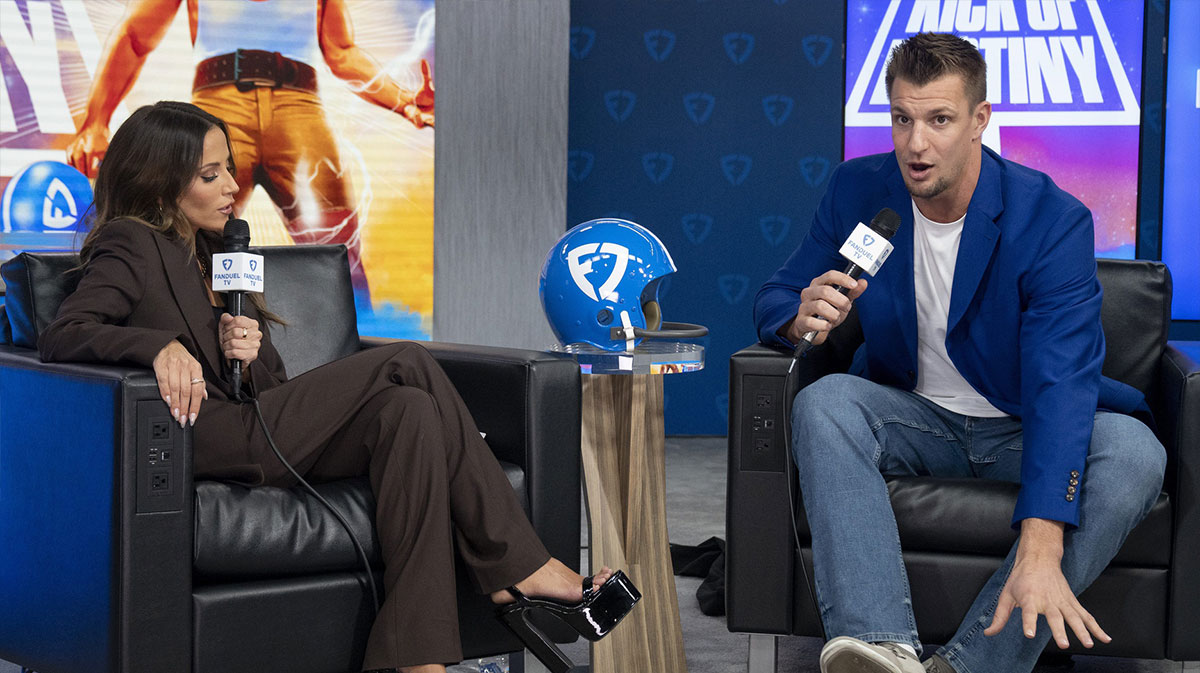 Kay Adams interviewing Rob Gronkowski for FanDuel in 2023.