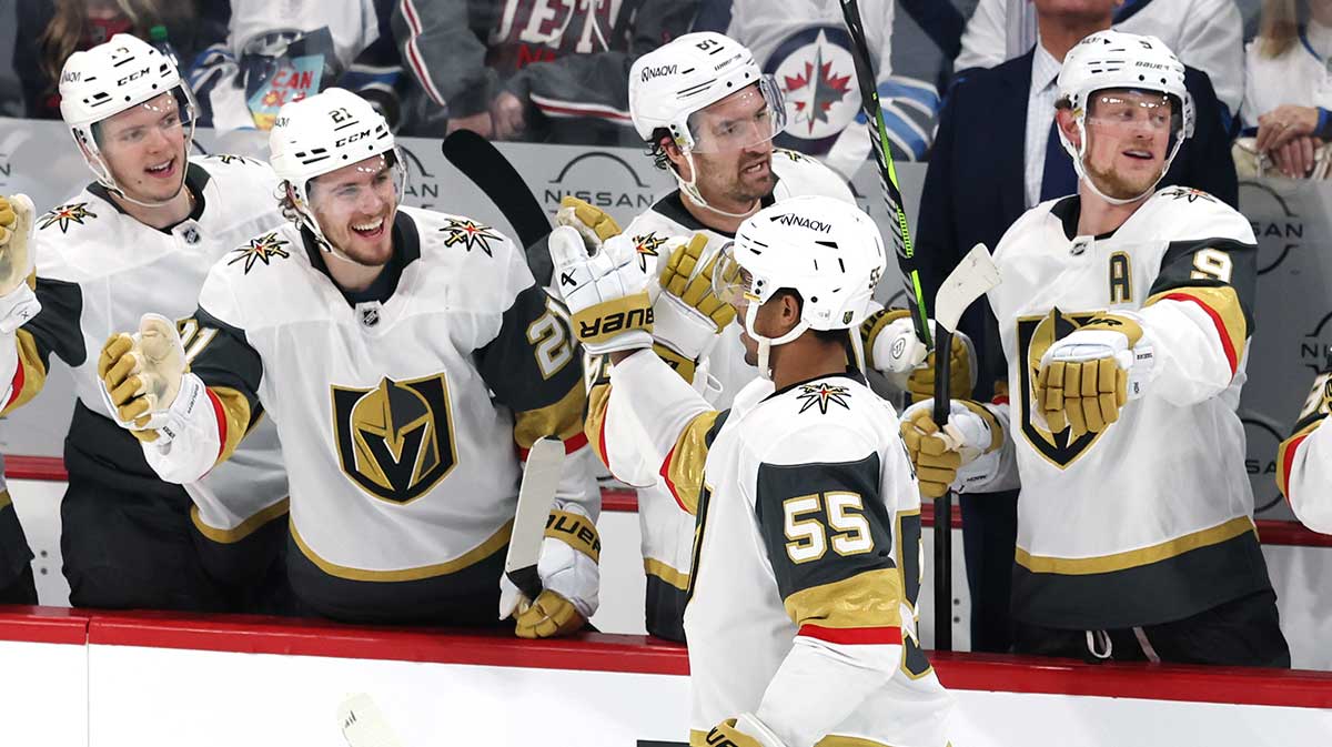 Vegas Golden Knights right wing Keegan Kolesar (55) celebrates his third period goal against the Winnipeg Jets at Canada Life Centre.