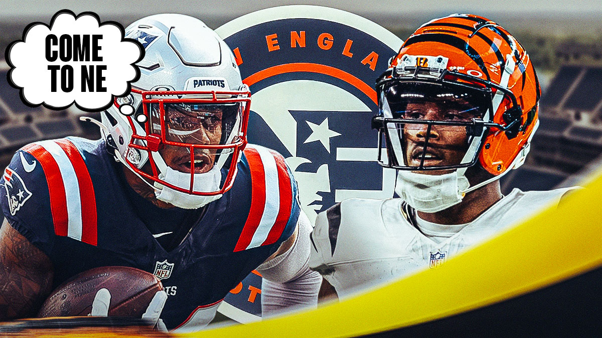 Patriots wide receiver Kendrick Bourne with a thought bubble that says “Come to NE” and Bengals wide receiver Tee Higgins next to him, and a background of the Patriots logo.