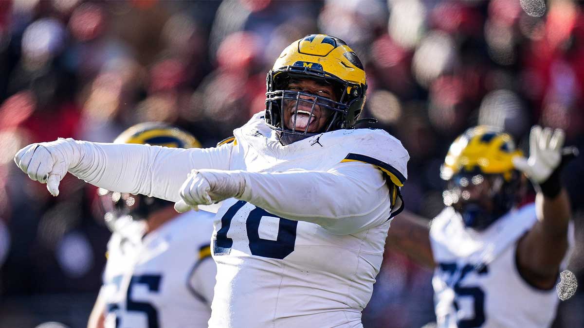 Michigan defensive lineman Kenneth Grant (78) celebrates after Ohio State misses a field goal during the second half at Ohio Stadium