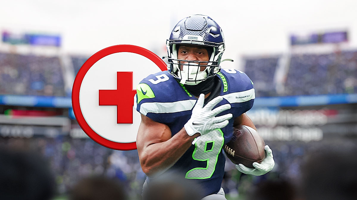 Seattle Seahawks star Kenneth Walker with injury signs around him in front of Lumen Field.