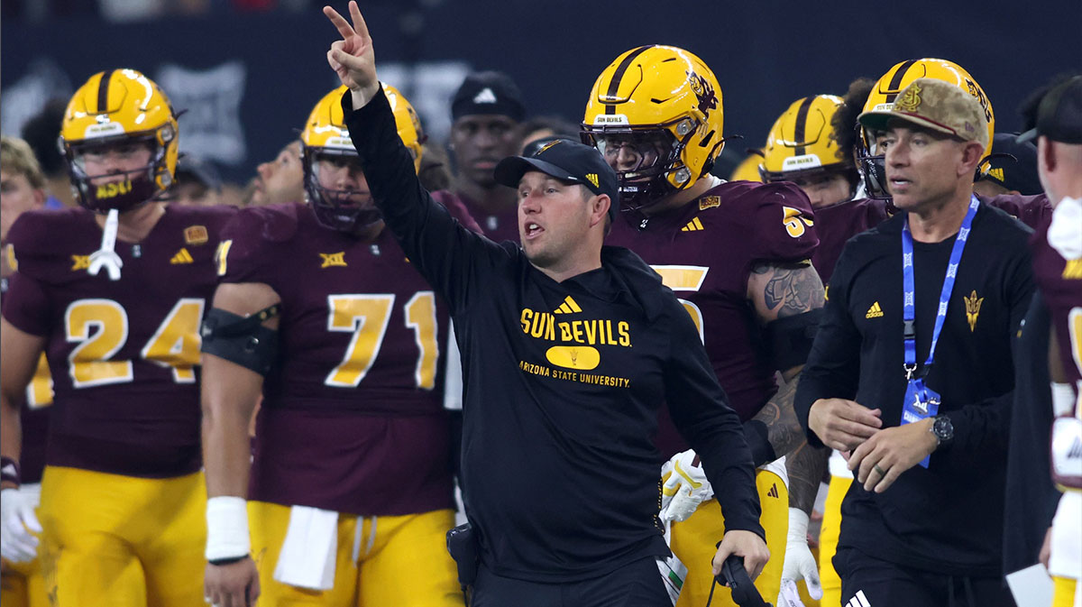 Arizona State Sun Devils head coach Kenny Dillingham stands on the sidelines during the game against the Iowa State Cyclones at AT&T Stadium.