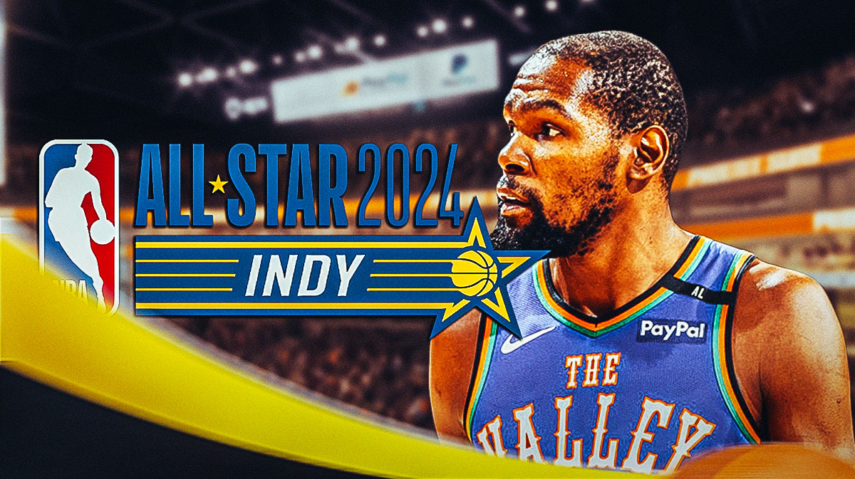 Suns superstar Kevin Durant next to the 2024 NBA All-Star Game logo with the San Francisco skyline in the background