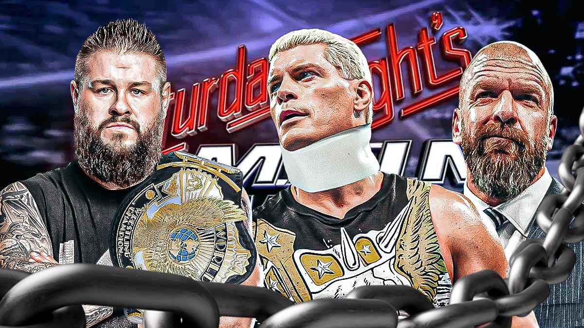 Kevin Owens holding the Winged Eagle WWE Championship belt on the left with Cody Rhodes wearing a neck brace and Triple H on the right in front of the Saturday Night's Main Event logo as the background.