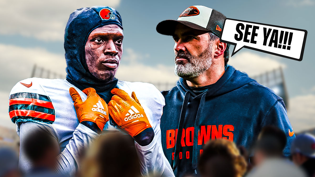 Cleveland Browns head coach Kevin Stefanski with a word bubble saying: See ya! to Kadarius Toney in a Cleveland Browns uniform as the Browns cut Toney after stints with the chiefs and giants.