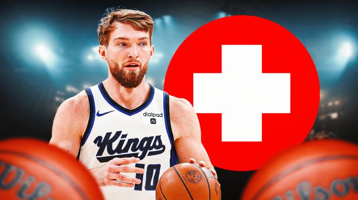Kings' Domantas Sabonis looking sad, with injury logo beside him