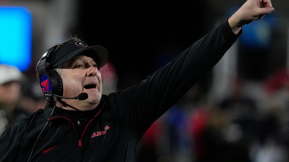 Georgia coach Kirby Smart reacts during the first half of a NCAA college football game against Georgia Tech