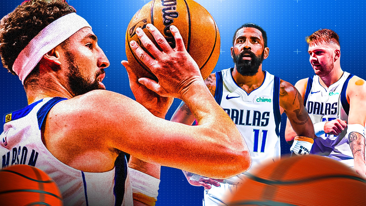 Mavericks Klay Thompson shooting a basketball on left. On right, Mavericks Kyrie Irving and Mavericks Luka Doncic both looking serious.