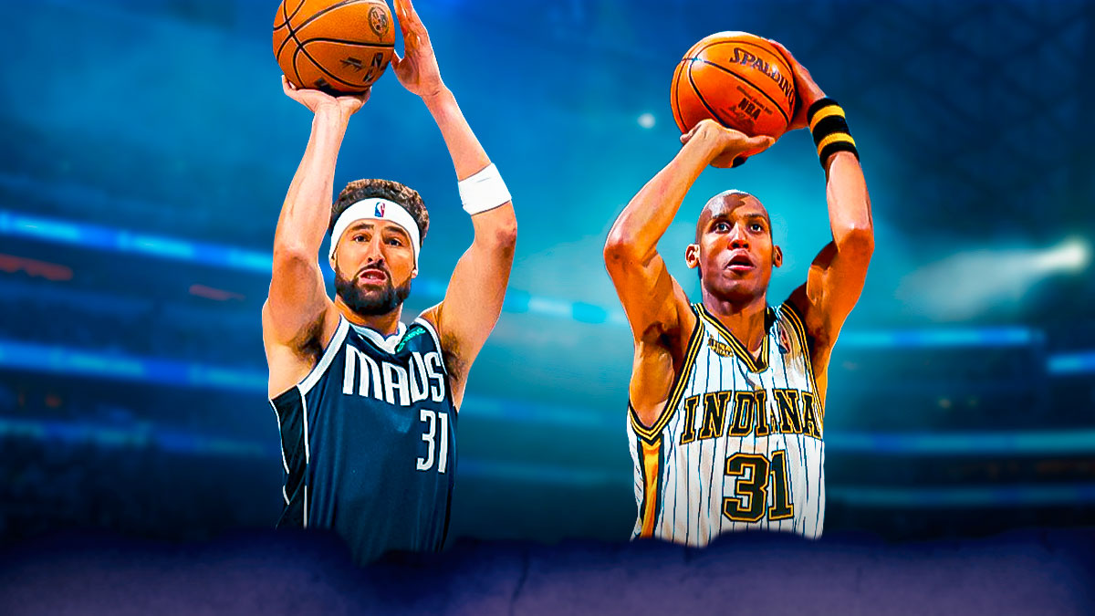 Klay Thompson shooting a basketball. Reggie Miller in a Pacers uniform