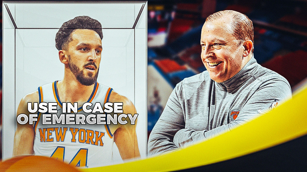 Knicks Tom Thibodeau smiling at Landry Shamet, while Shamet is in a glass case (e.g., a fire extinguisher case/holder) with the words "Use in case of emergency"