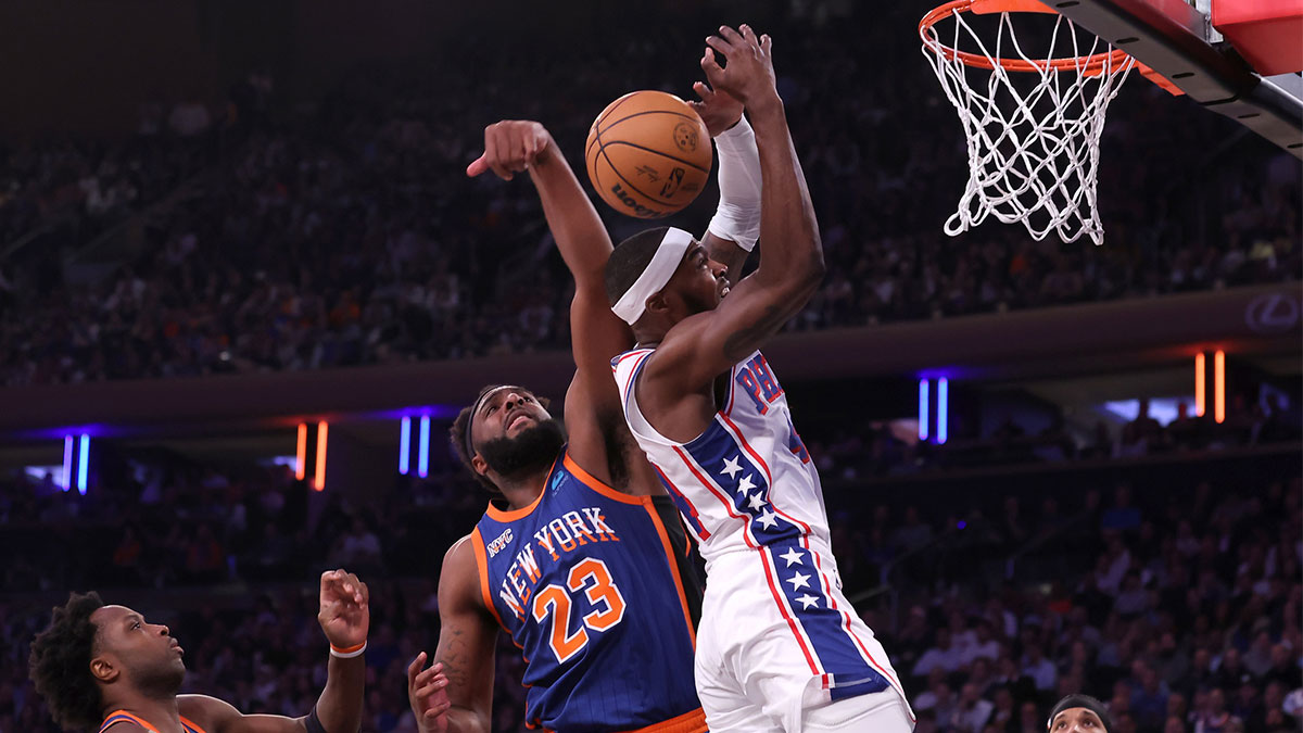 New York Knicks center Mitchell Robinson (23) blocks a shot by Philadelphia 76ers forward Paul Reed (44) during the second quarter of game 5 of the first round of the 2024 NBA playoffs at Madison Square Garden.