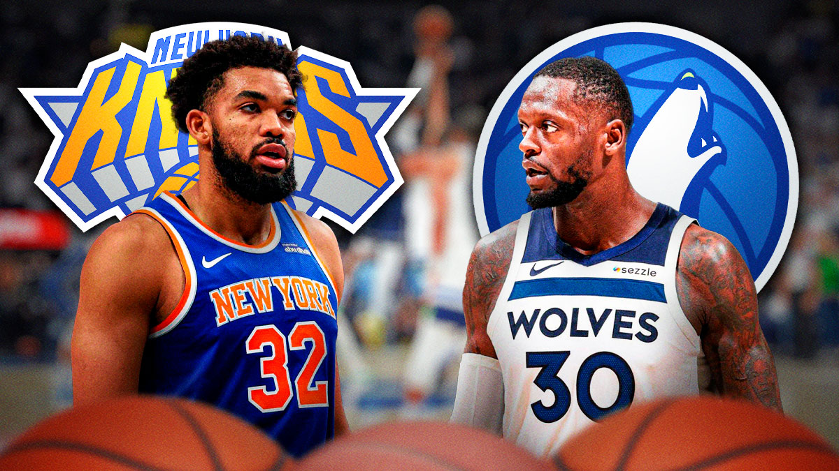Knicks center Karl-Anthony Towns next to Timberwolves forward Julius Randle with the Knicks and Timberwolves logos and the Timberwolves' arena in the background