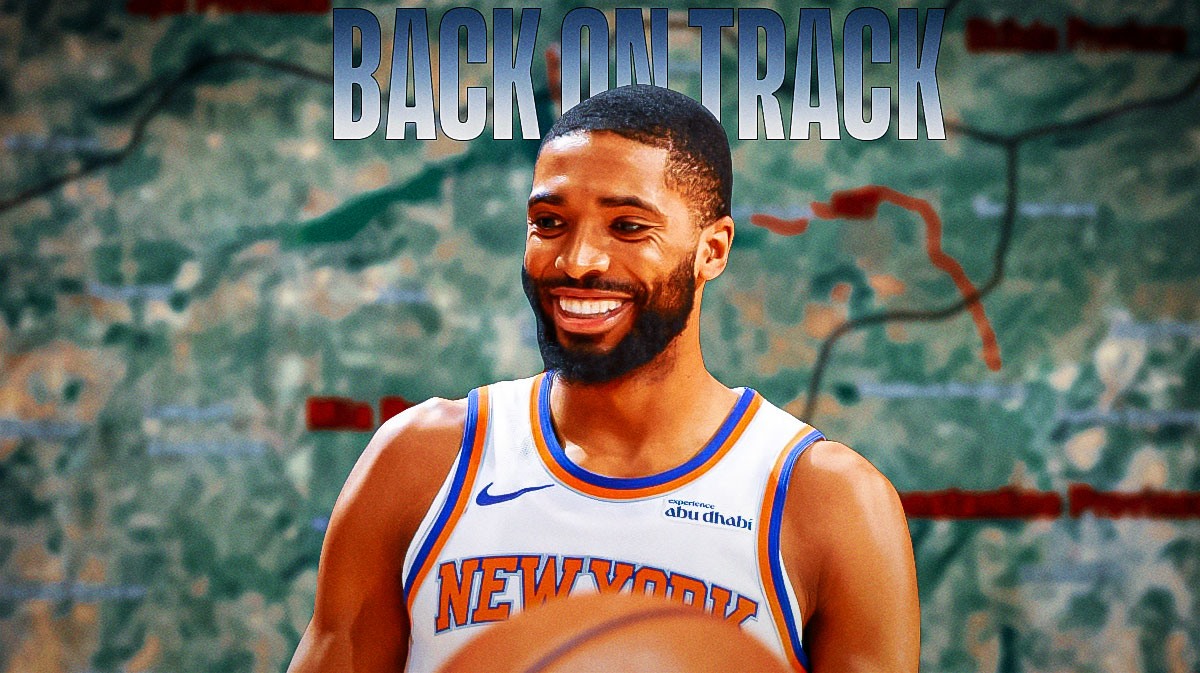 Need cover image of Mikal Bridges smiling in his Knicks’ jersey superimposed over a map with a road labeled “back on track” behind him