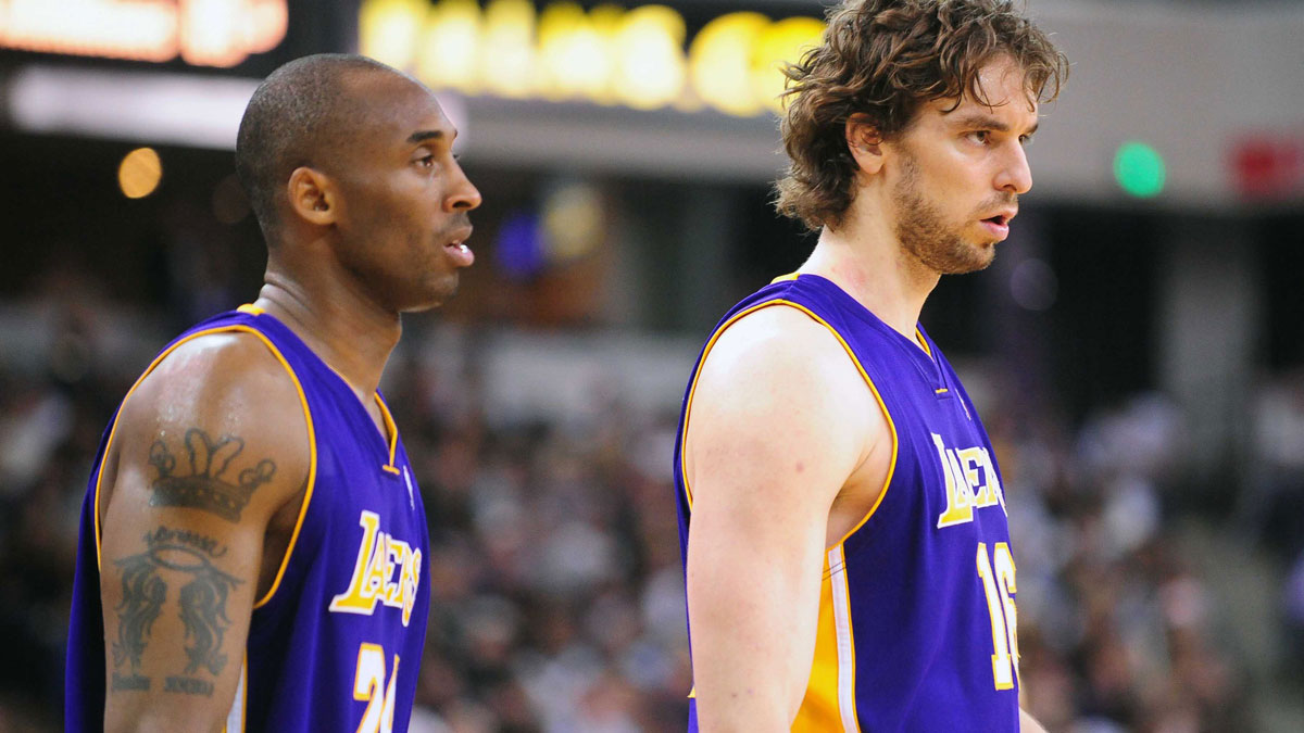 Los Angeles Lakers forward Pau Gasol (right) and guard Kobe Bryant (left) enter onto the floor during the fourth quarter against the Sacramento Kings at Arco Arena. The Lakers defeated the Kings 112-103 in double overtime.